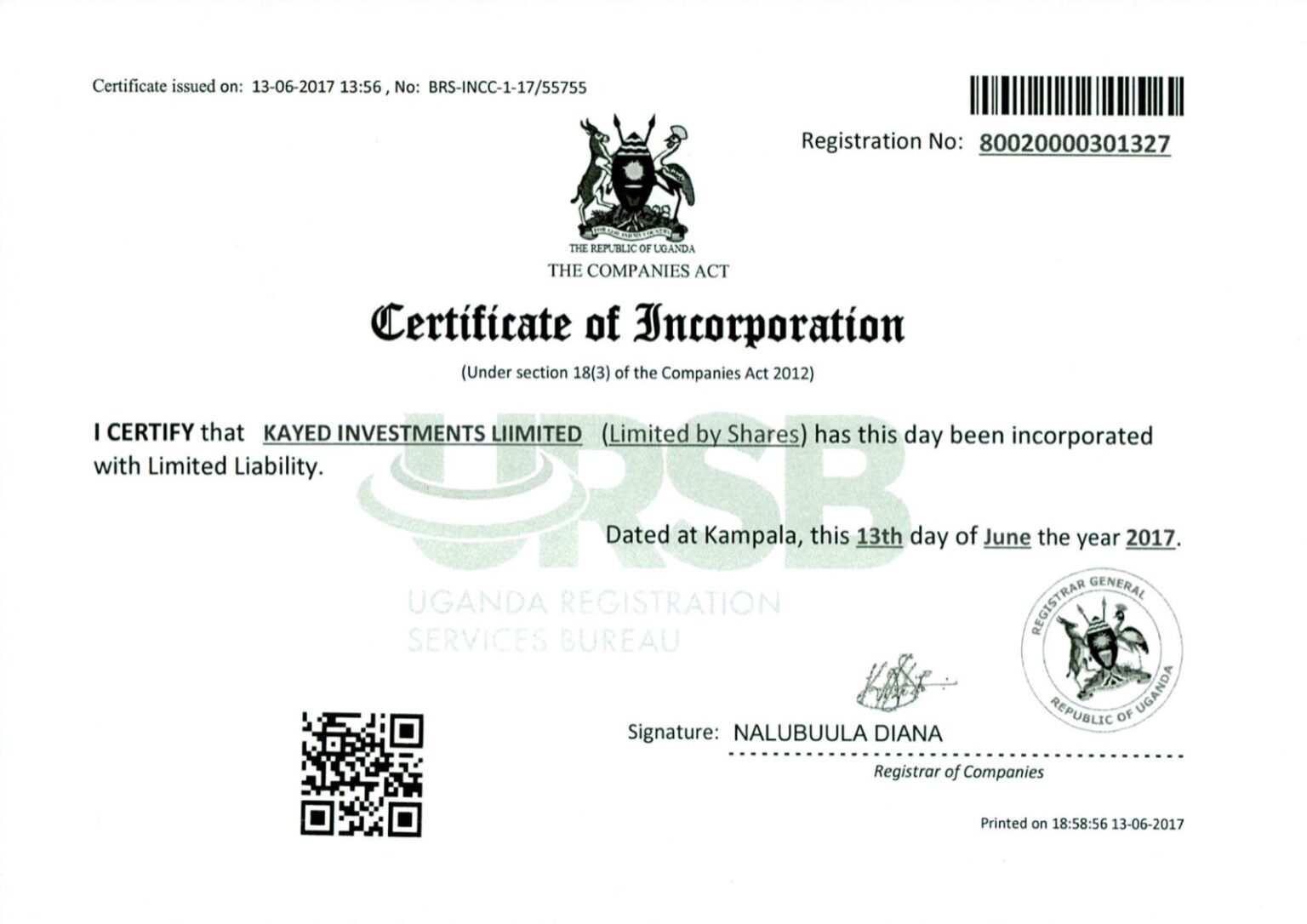 Certificate of Incorporation - Kayed Investments Limited